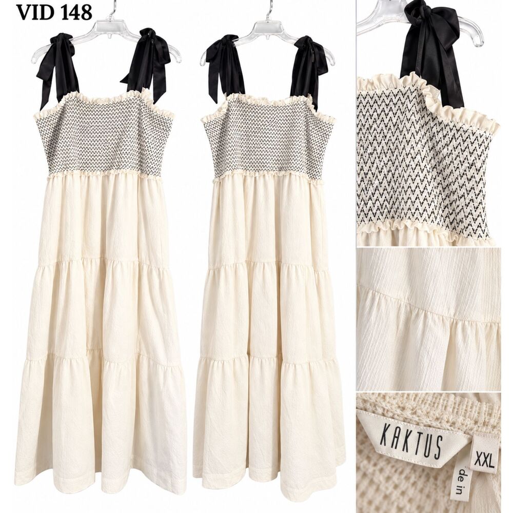 Kaktus XXL Ivory Smocked Maxi Black Satin Bow Tie Straps Coquette Cottagecore